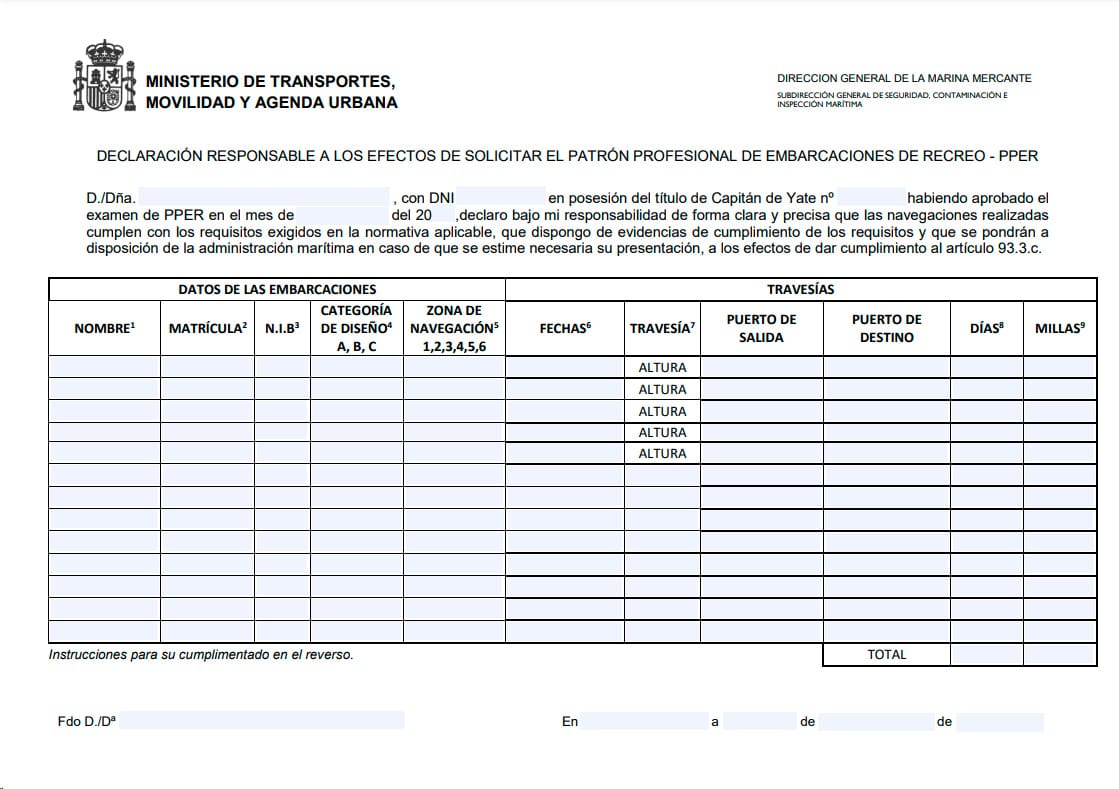 Modelo oficial de declaración responsable de millas navegadas para obtener el PPER.